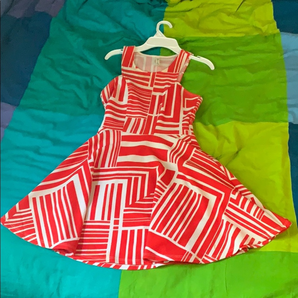 Red and white patterned dress